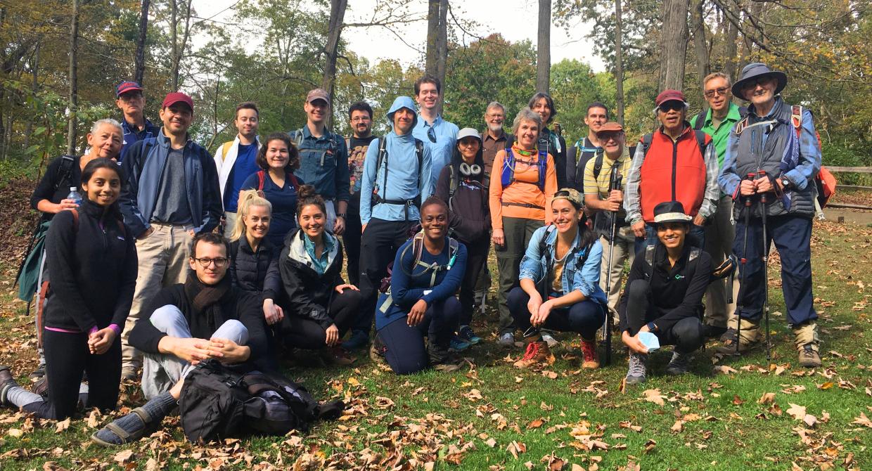 The New York Ramblers hiking club pose for a group photo on a hike in Westchester, 2022.